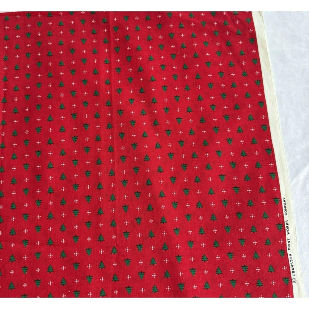 VTG CHRISTMAS TINY GREEN TREES ON RED QUILT COTTON CRANSTON XMAS CALICO BTHY